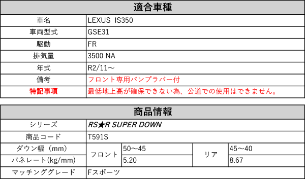 RS-R_RS☆R SUPER DOWN]GSE31 レクサス IS350_Fスポーツ(2WD_3500