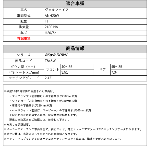 RS-R_RS☆R DOWN]ANH20W ヴェルファイア_2.4Z(2WD_2400 NA_H20/5〜)用