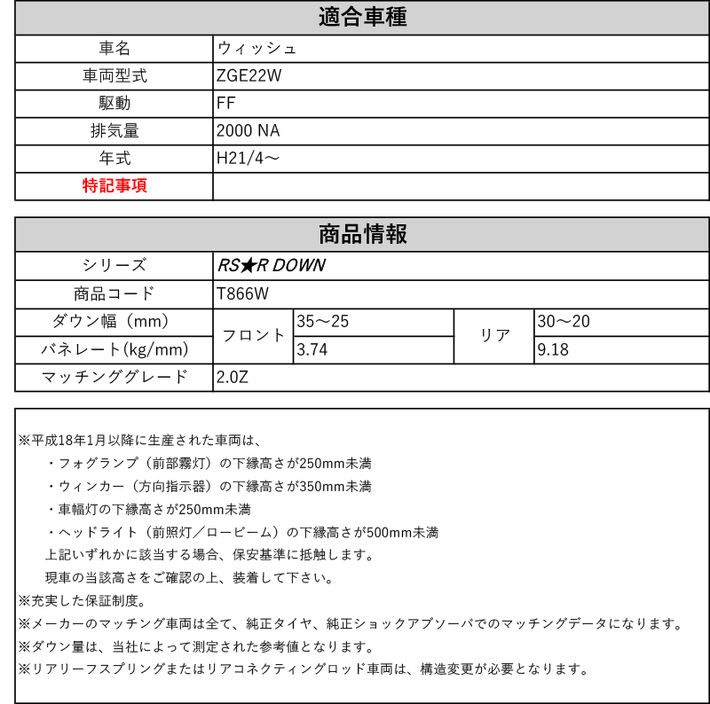 RS-R_RS☆R DOWN]ZGE22W ウィッシュ_2.0Z(2WD_2000 NA_H21/4〜)用車検