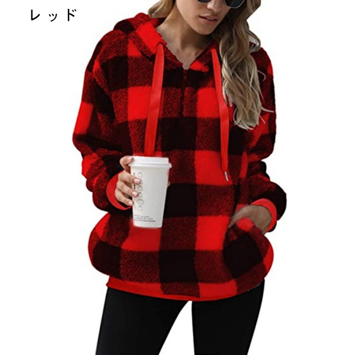 RRL / ボアフリースハーフジップパーカー/S/ポリエステル/RED/チェック パーカー もこもこ レディース フリースパーカー ハーフジップ