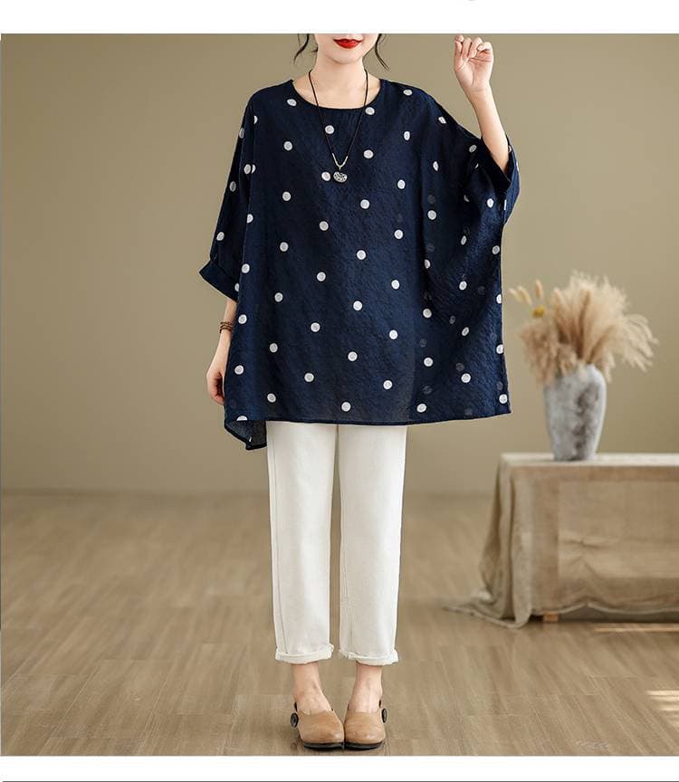 Tシャツ レディース 半袖 五分袖 ドルマンスリーブ ドット柄 水玉柄 綿 