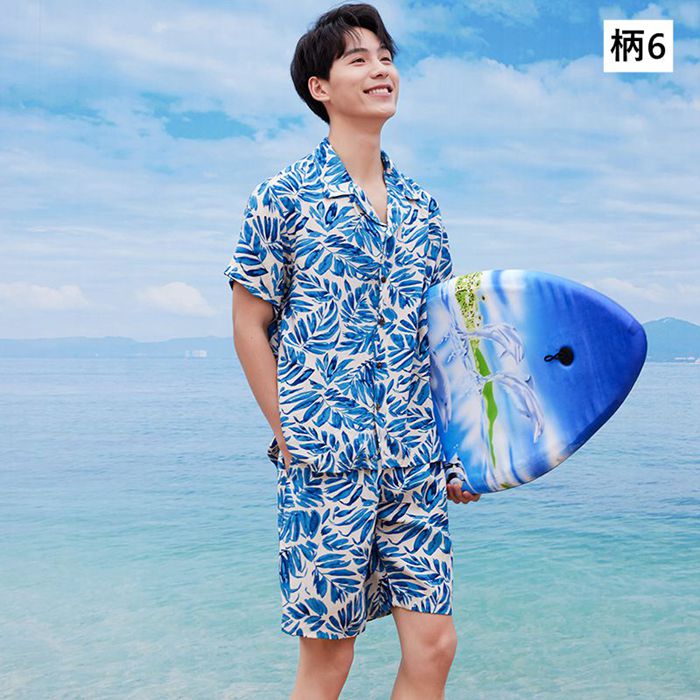 上下セット 半袖 メンズ 総柄 セットアップ 夏 花柄 アロハシャツ 短
