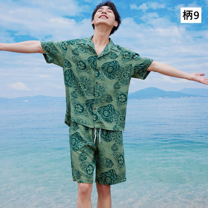 上下セット 半袖 メンズ 総柄 セットアップ 夏 花柄 アロハシャツ 短