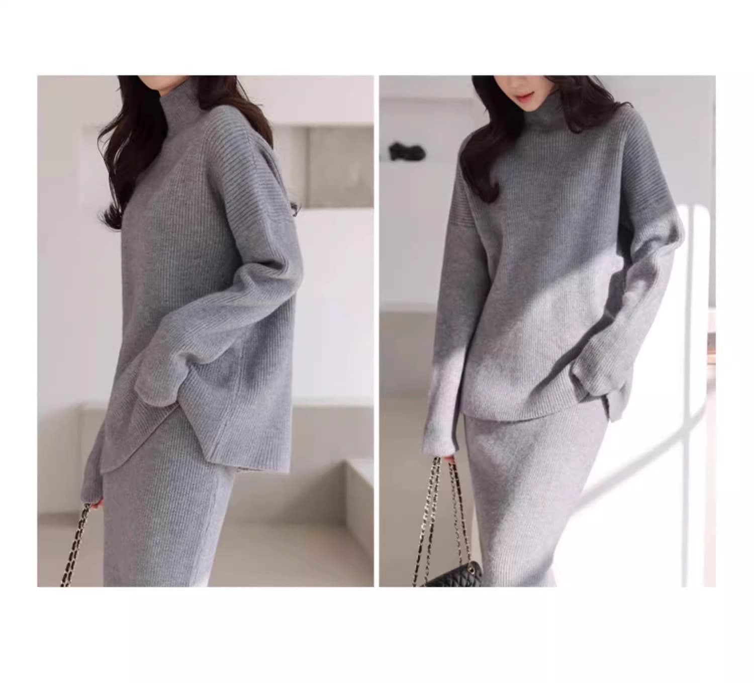 ウール混長袖ニット　タイトストレッチスカート　秋冬　セットアップ　セーター　保温 セットアップ ニットレディース 秋冬 スカート タイト ニットセーター