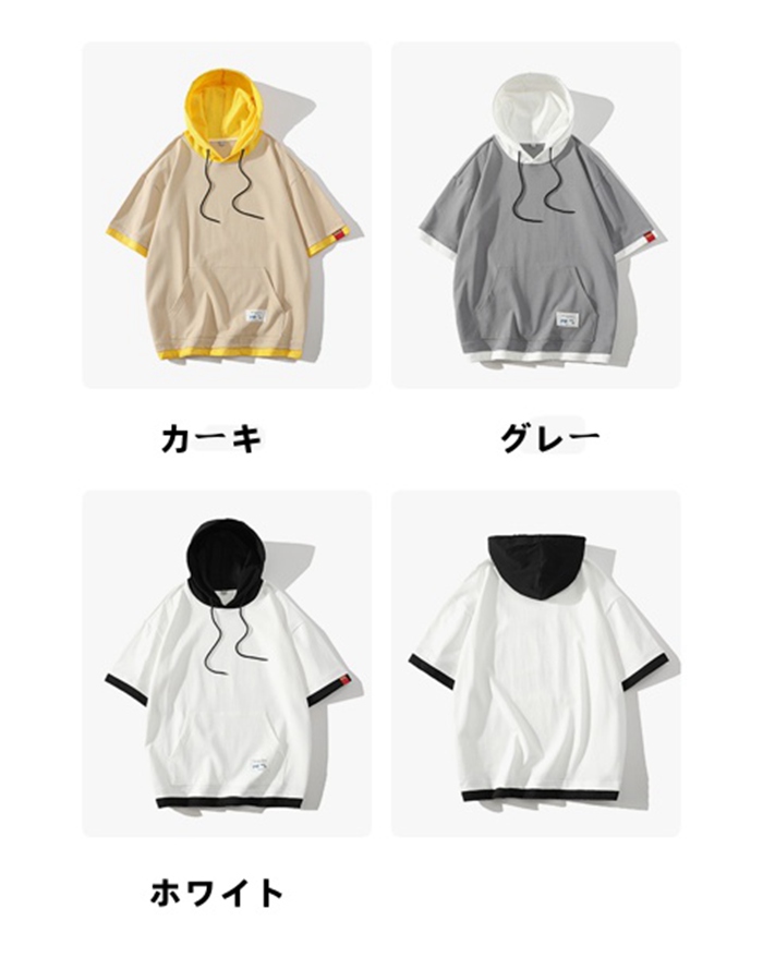 パーカー Tシャツ メンズ 半袖 トップス 半袖tシャツ 夏 プルオーバーパーカー フード付き かっこいい 涼しい シンプル カジュアル｜unique-mall｜05