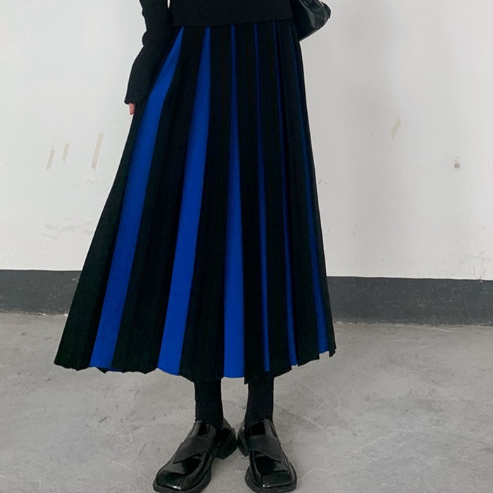 プリーツスカート レディース ロング丈 ニット 秋冬ストライプ Aライン