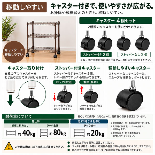 スチールラック 幅45cm 奥行25cm 高さ66.2cm 3段 キャスター付き