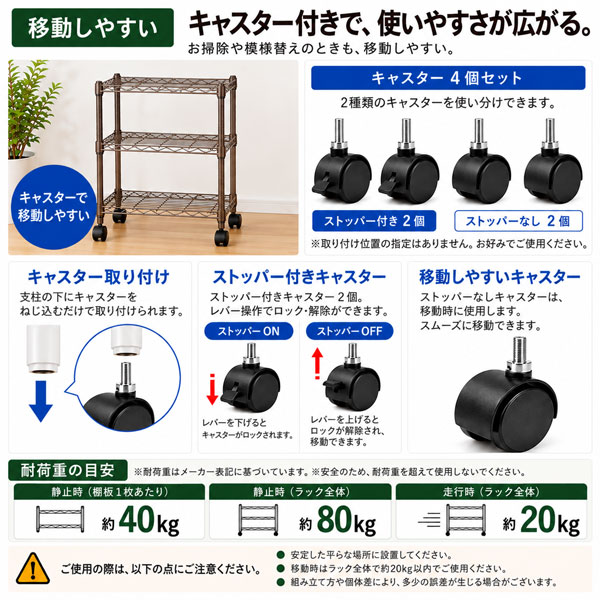 スチールラック 幅45cm 奥行35cm 3段 キャスター付き メタルラック