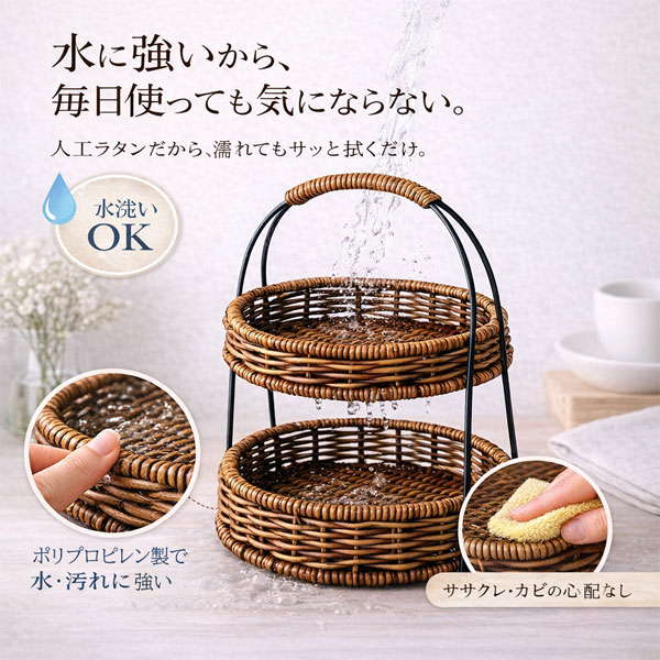 ラタン調 2段バスケット おしゃれ 収納 北欧 ナチュラル 人工ラタン 水