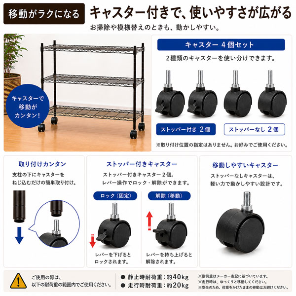 スチールラック キャスター付き 幅75cm 奥行35cm 3段 メタルラック