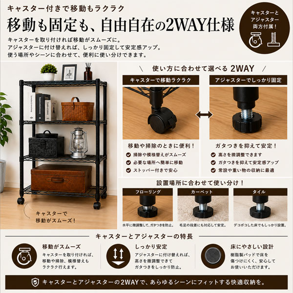 スチールラック 幅60 奥行45 4段 キャスター付き 25mm メタルラック