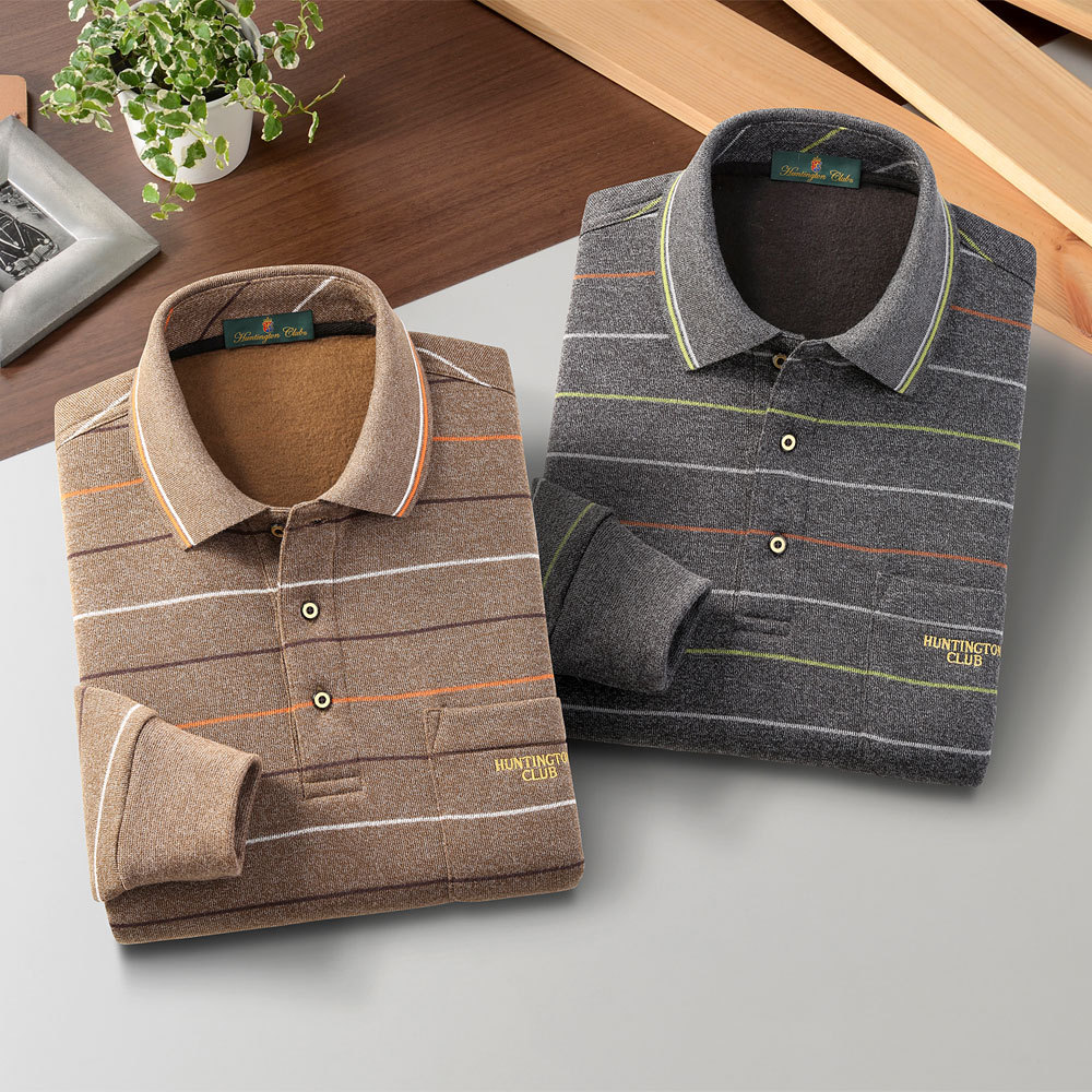 Huntington Club ポロシャツ 長袖 ボーダー 裏起毛 2色組 メンズ