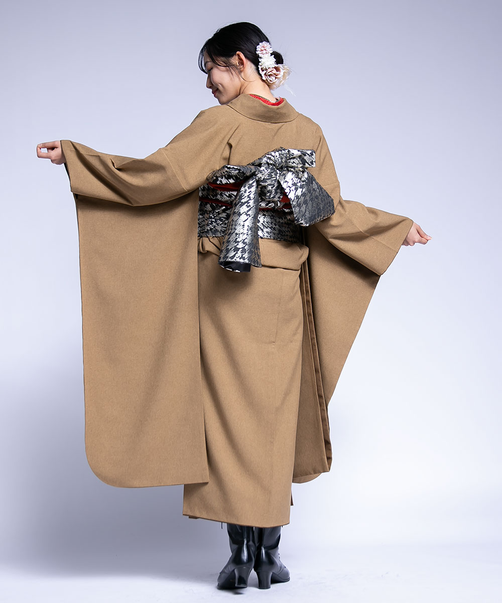振袖フルセット 裄67.5cm 身丈172cm ブラウン L サイズ 2744 振袖 レンタル フルセット トールサイズ 紺 ネイビー 柄少なめ