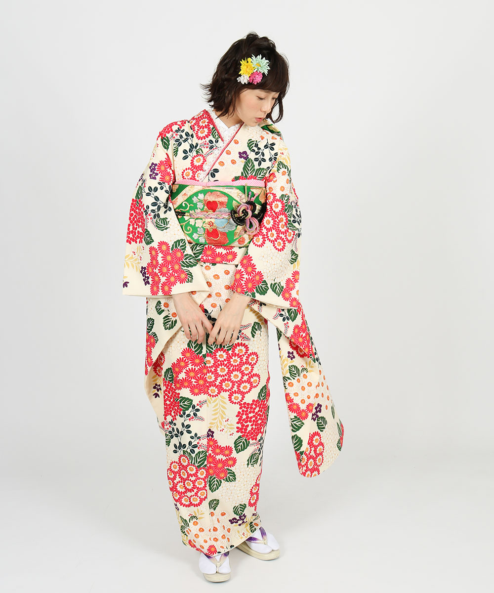振袖フルセット　 カラフルな振袖　花柄 クール系 白/黒/青 薔薇柄 高級 派手 目立つ キラキラ振袖 豪華