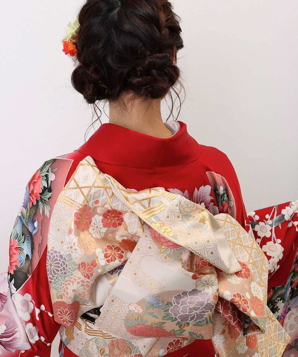 振袖 身長145-160cm 赤 re-031 振袖 レンタル フルセット 赤 レッド 柄少なめ 桜柄 シンプル