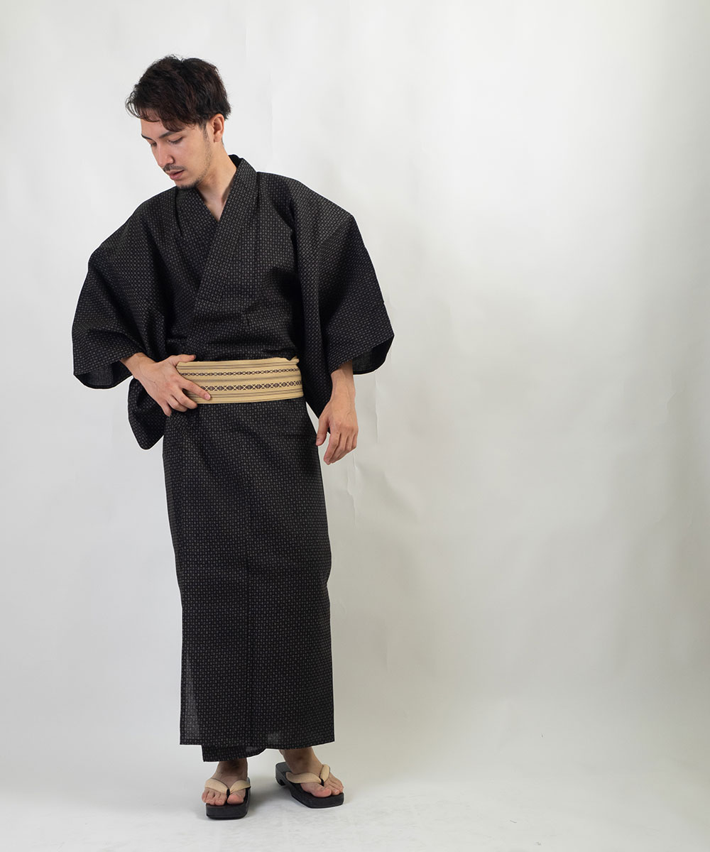男浴衣セット/浴衣+帯+下駄+腰紐/IKS小絣メンズ浴衣/お仕立て上がり