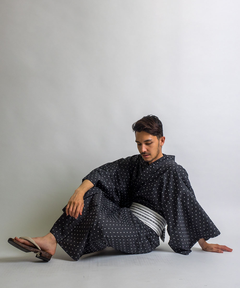 男浴衣セット/浴衣+帯+下駄+腰紐/水玉刺繍縞メンズ浴衣/お仕立て上がり