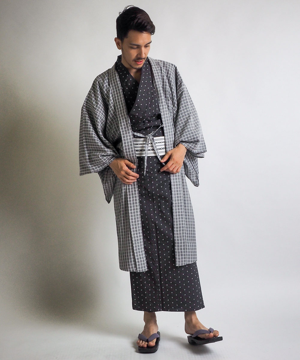 男浴衣セット/浴衣+帯+下駄+腰紐/水玉刺繍縞メンズ浴衣/お仕立て上がり