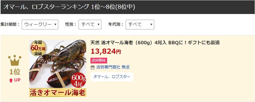 Yahoo!オマール・ロブスターランキング１位獲得