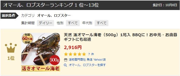 Yahoo!オマール・ロブスターランキング１位獲得