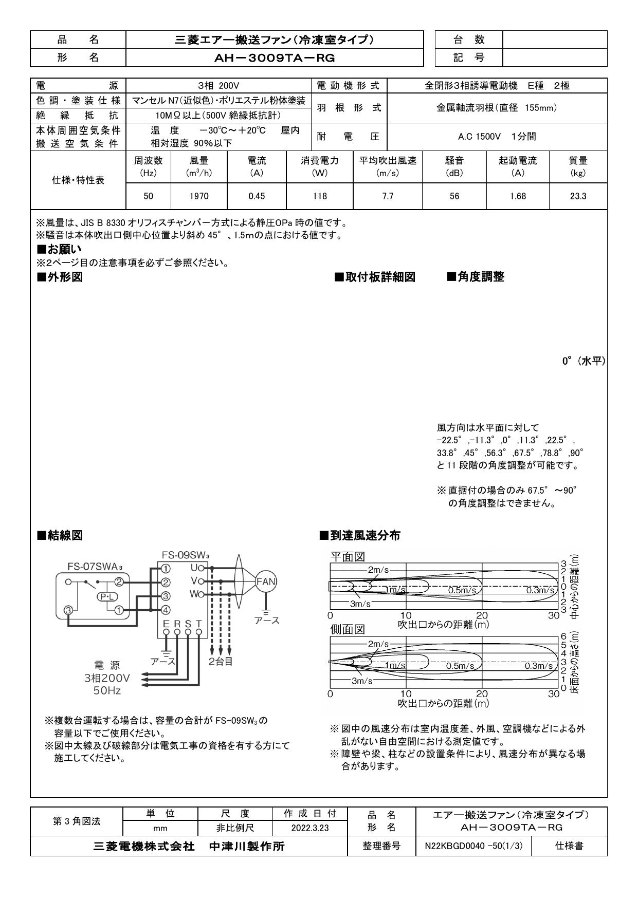 三菱 MITSUBISHI 換気扇 【AH-3009TA-RG】 産業用送風機 本体 エアー