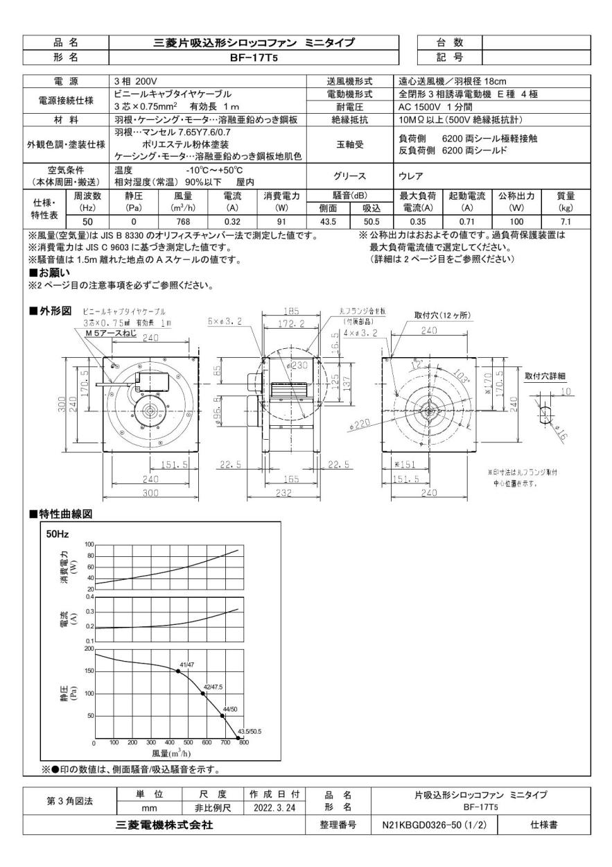 三菱 mitsubishi 換気扇 【BF-17T5】 産業用送風機 [本体]片吸込形