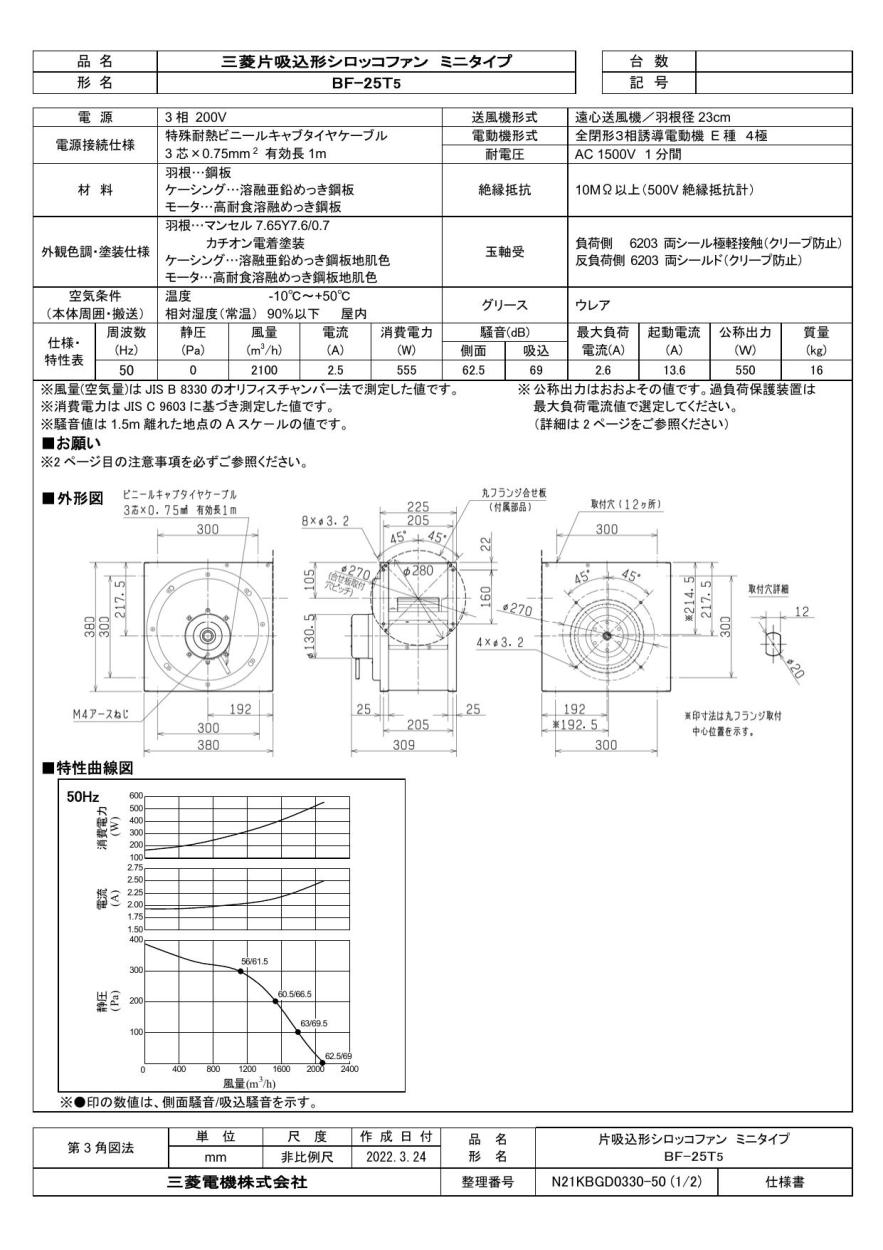 三菱 mitsubishi 換気扇 【BF-25T5】 産業用送風機 [本体]片吸込形