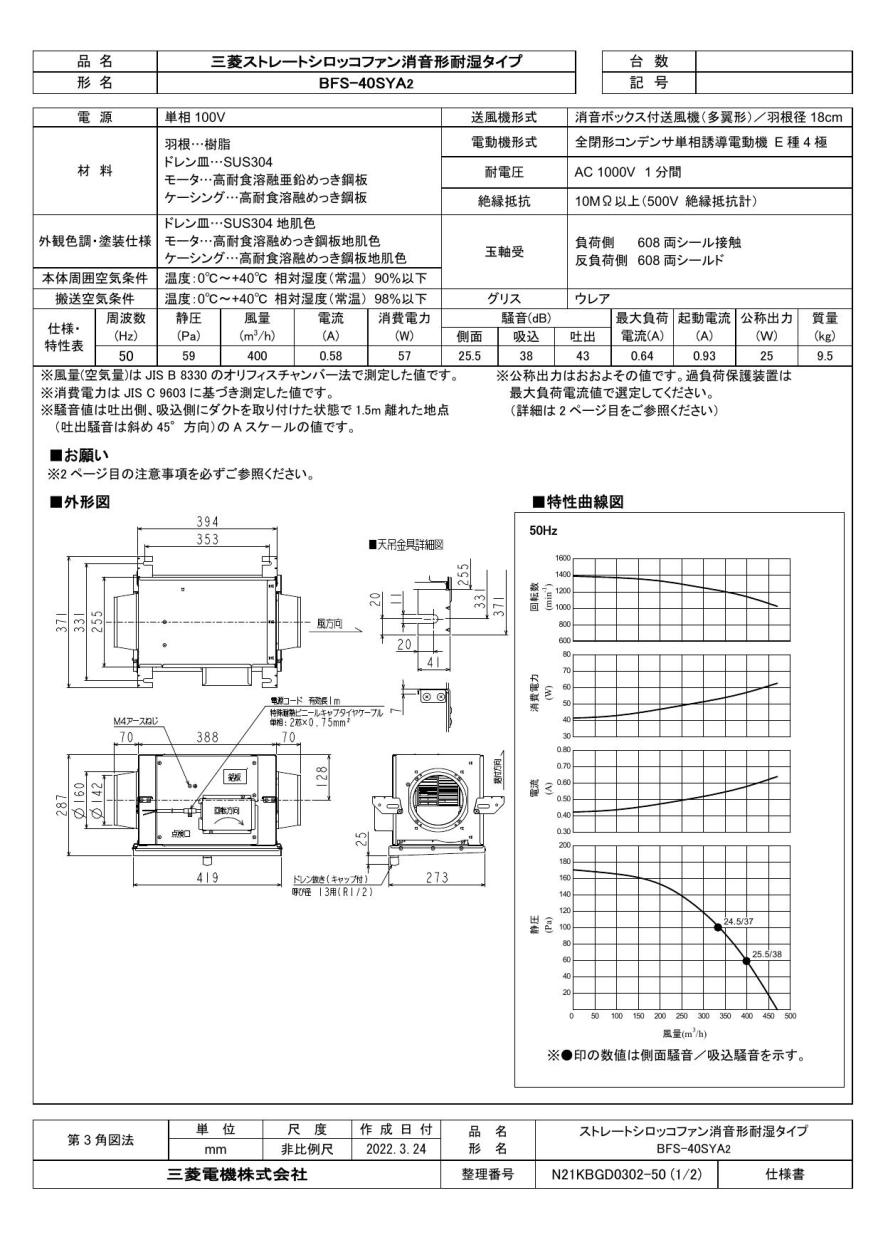 三菱 mitsubishi 換気扇 【BFS-40SYA2】 産業用送風機 [本体