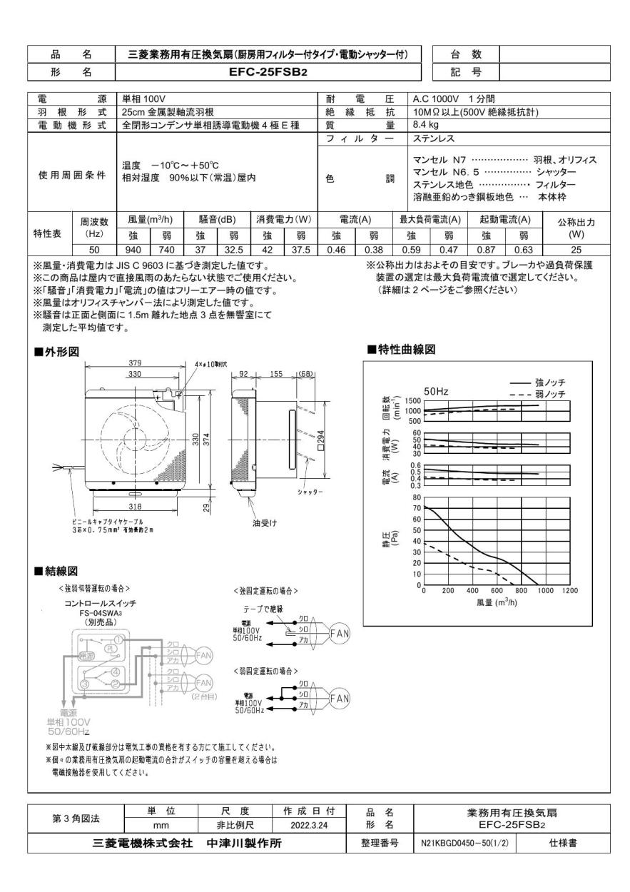 用換気送風機 [本体]有圧換気扇 EFC-25FSB EFC-25FSB2 通販(卸価格)|三菱電機 業務用有圧換気扇 厨房用排気専用