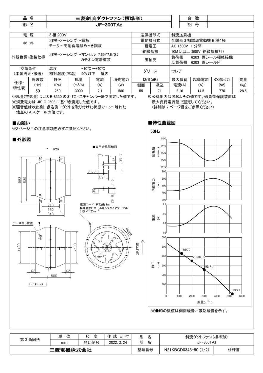 MITSUBISHI JF-300T2 産業用換気送風機 斜流ダクトファン 楽天市場