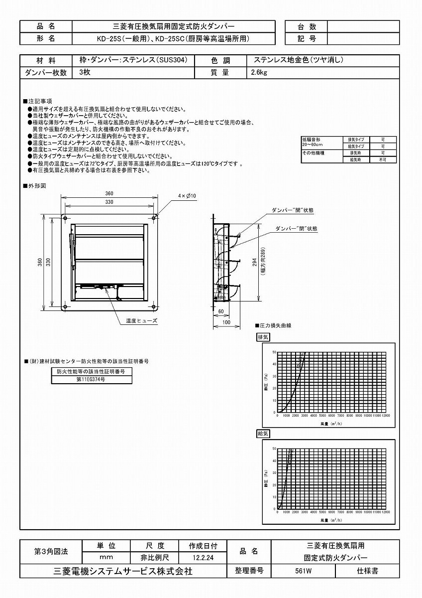 三菱 有圧換気扇部材 固定式防火ダンパー (暖房等高温場所用) - 通販