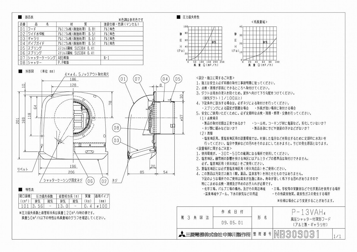 三菱 ダクト用システム部材 風圧シャッター付深形フード ギャラリ付 ステンレス製