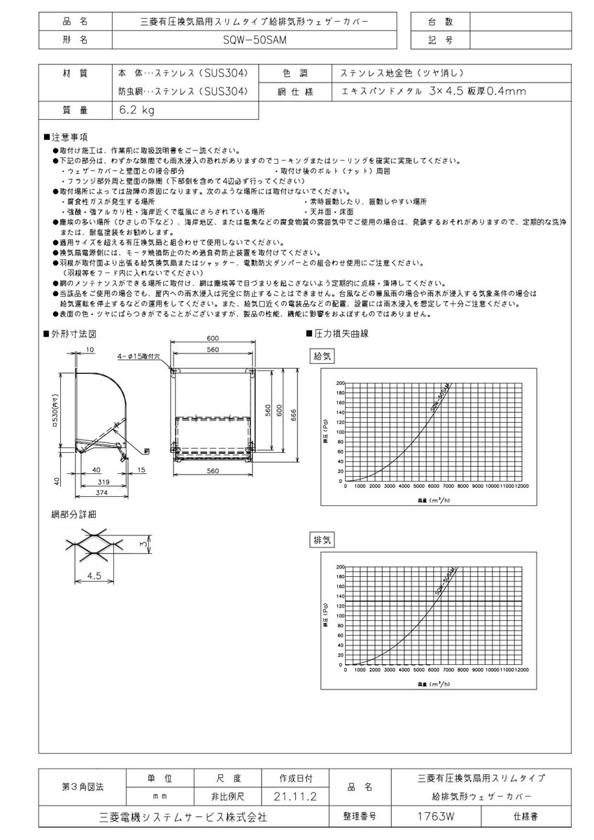 三菱 MITSUBISHI 換気扇 部材 【SQW-50SAM】 産業用送風機 別売 有圧