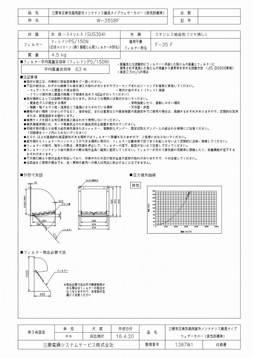 三菱 換気扇 W-35SBF 産業用送風機 [別売]有圧換気扇用部材 W-35SBF