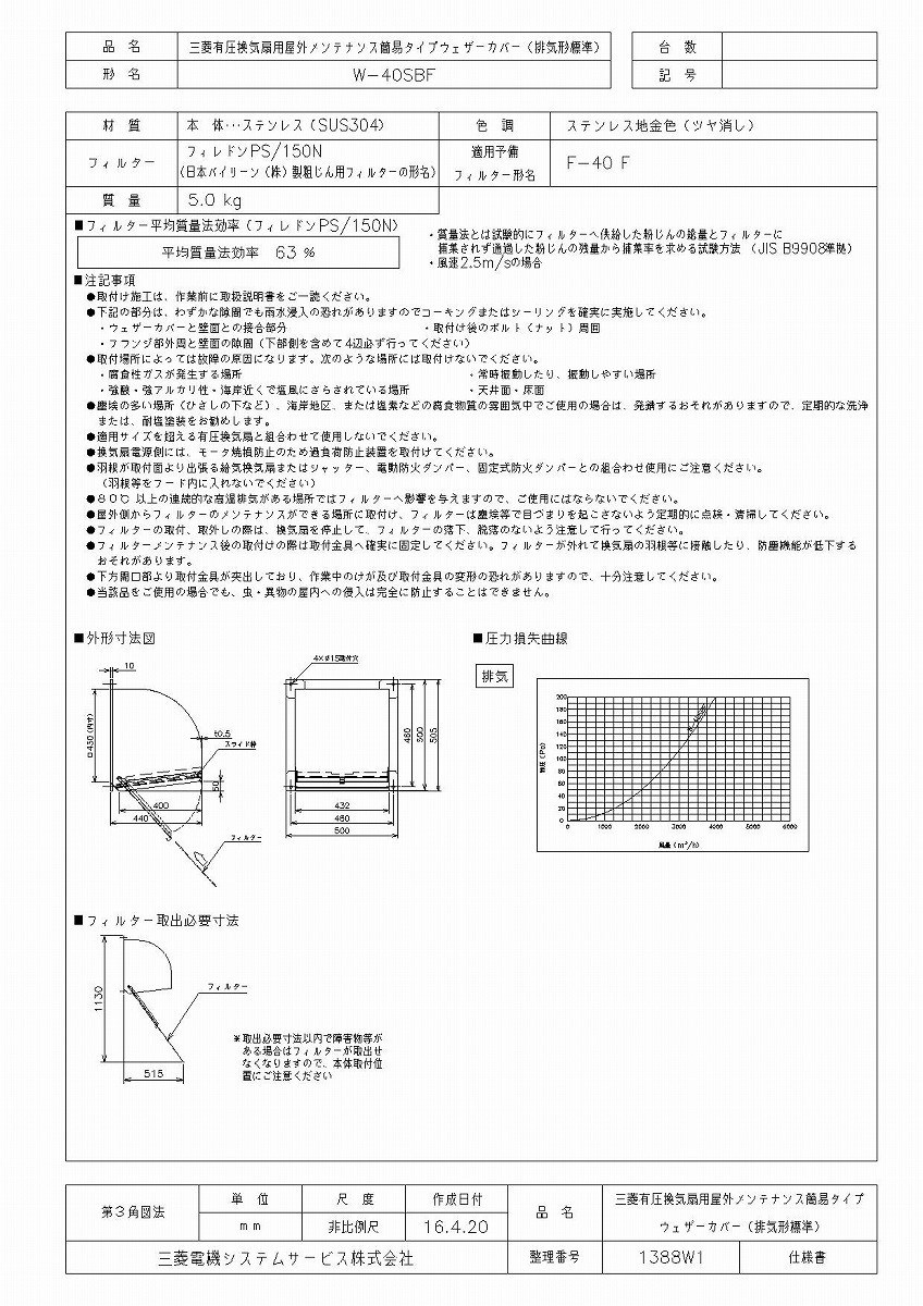 三菱 換気扇 W-40SBF 産業用送風機 [別売]有圧換気扇用部材 W-40SBF :w