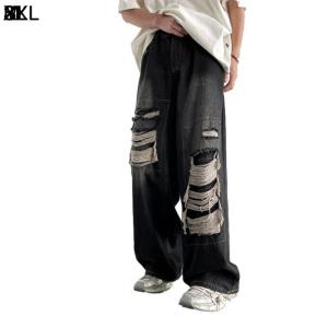 破れたジーンズ ワイドデニムパンツ メンズ 長ズボン ジーパン 大きいサイズ ロング パンツ ストレ...