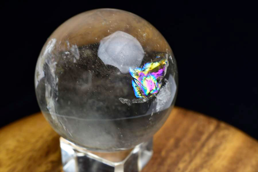 天然 水晶 丸玉 スフィア (約43.9mm珠) 台座付 虹入り レインボー