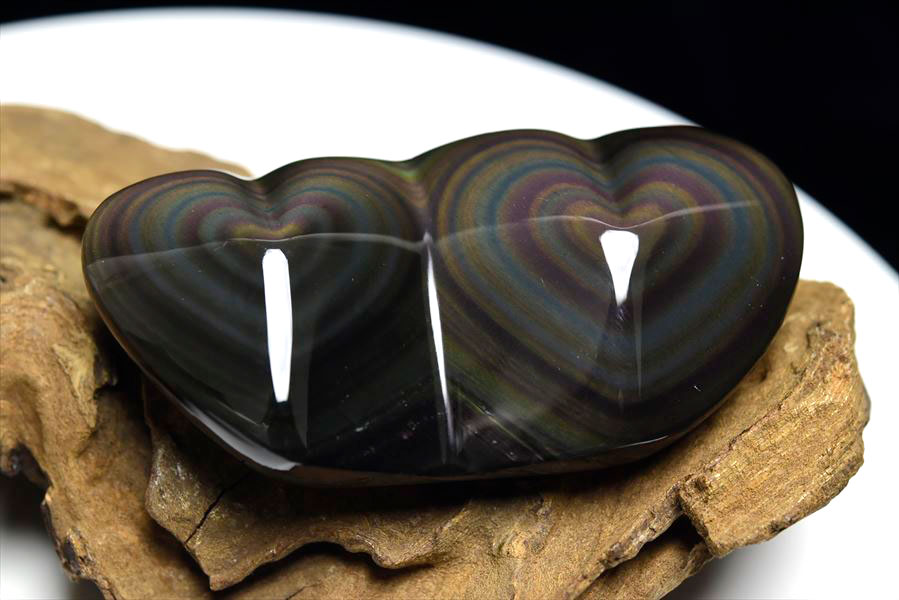 レインボー オブシディアン ダブルハート (約76.6g) 置物 メキシコ産