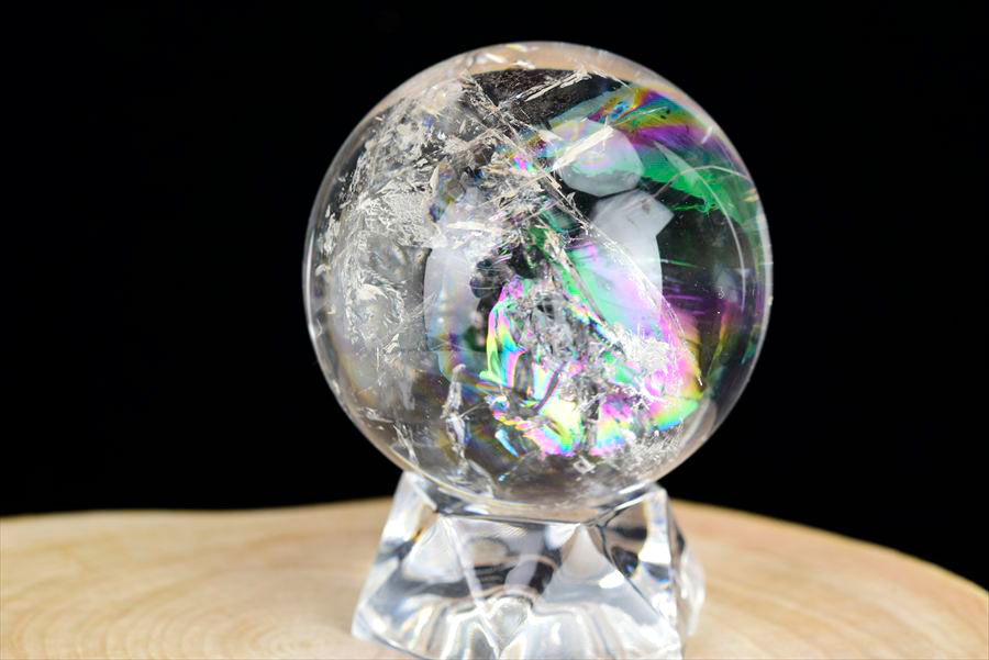 レインボー水晶 丸玉 アイリスクォーツ 天然水晶 現物画像 台座付