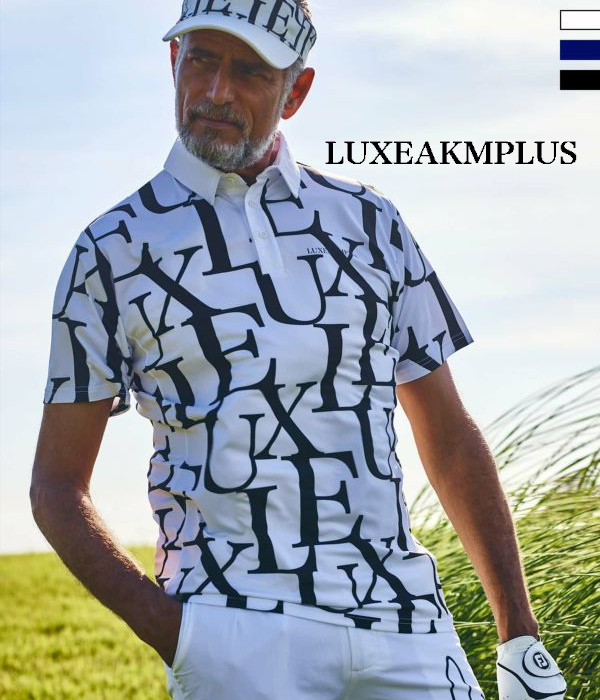 SALE セール LUXEAKMPLUS リュクスエイケイエムプラス 総柄ロゴ半袖ポロシャツ Tシャツ GOLF ゴルフ スポーツ 運動 カジュアル | LUXE AKM PLUS