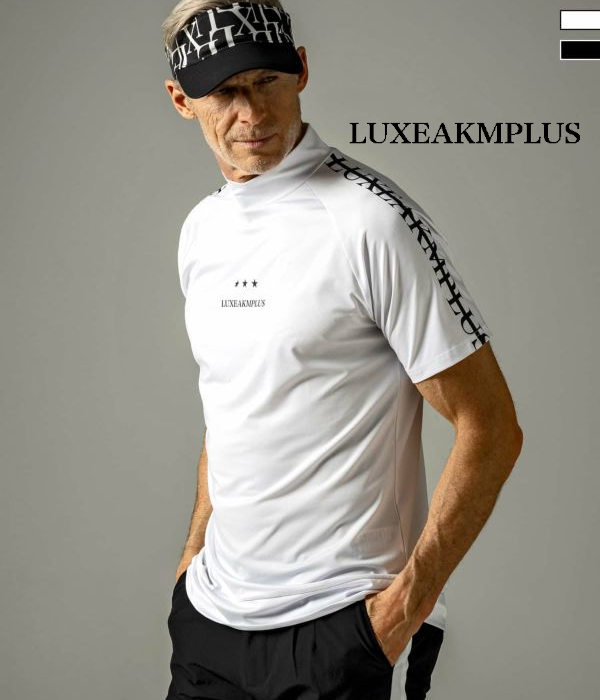 T シャツ リュクスエイケイエムプラス 口コミ LUXEAKMPLUS リュクスエイケイエムプラス ラインロゴ半袖モックネックTシャツ スポーツ ジム トレーニング 運動 GOLF S M L SS XS LL XL 3L XXL LUXE AKM PLUS ブラック系 ホワイト系 グレー系