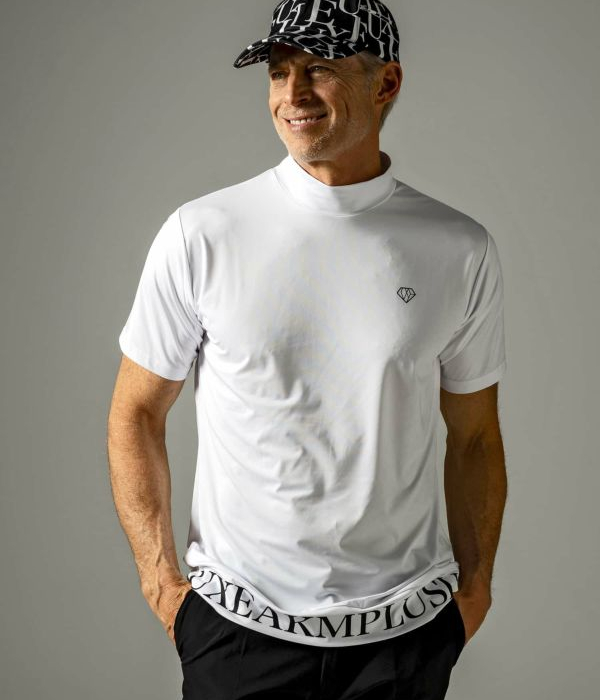 LUXEAKMPLUS リュクスエイケイエムプラス ロゴ半袖モックネックTシャツ スポーツ ジム トレーニング 運動 GOLF ゴルフ