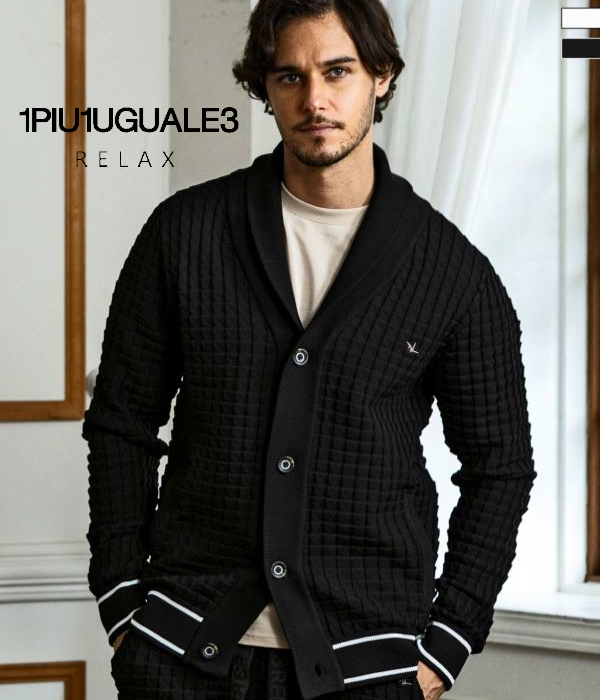1PIU1UGUALE3 RELAX ウノピゥウノウグァーレトレ リラックス スクエアパターンニットカーディガン メンズ ショールカラー カジュアル ルームウェア リゾート 1PIU1UGUALE3 RELAX ウノピゥウノウグァーレトレ リラックス スクエア