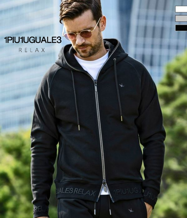 1PIU1UGUALE3 ブラック フルジップ フード付きスウェット 1PIU1UGUALE3 RELAX パーカー 1PIU1UGUALE3 RELAX(ウノピゥウノウ