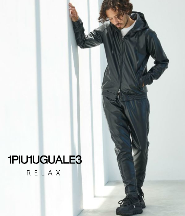 1PIU1UGUALE3 RELAX カモフラ ブラック セットアップ ビジュー 1PIU1UGUALE3 RELAX セットアップ メンズ レザーライン ポンチ