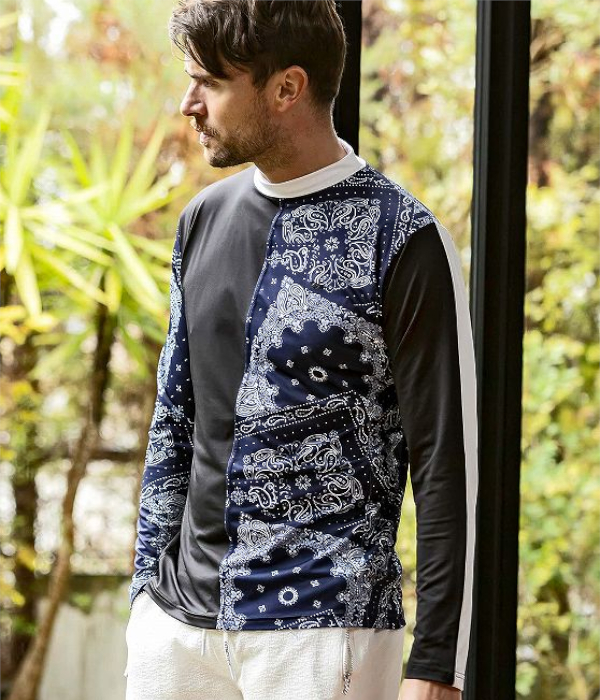 1PIU1UGUALE3 RELAX ウノピゥウノウグァーレトレ リラックス ペイズリーラッシュガード メンズ モックネック レジャー プール 海 マリンスポーツ サーフィン | 1PIU1UGUALE3 RELAX | 03