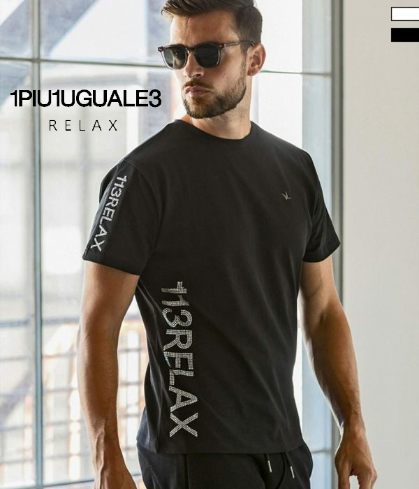 1PIU1UGUALE3 RELAX ウノピゥウノウグァーレトレ リラックス ラインストーンロゴTシャツ メンズ 半袖 カットソー カジュアル スポーツ ジム インナー | 1PIU1UGUALE3 RELAX