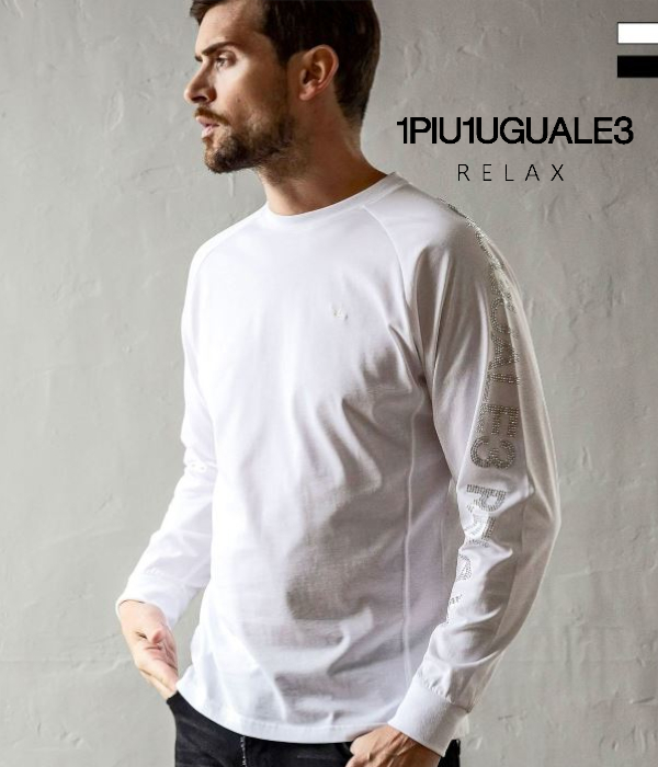 1PIU1UGUALE3 RELAX ウノピゥウノウグァーレトレ リラックス ラインストーンロゴTシャツ 長袖 カットソー メンズ ロンT カジュアル 男性 | 1PIU1UGUALE3 RELAX