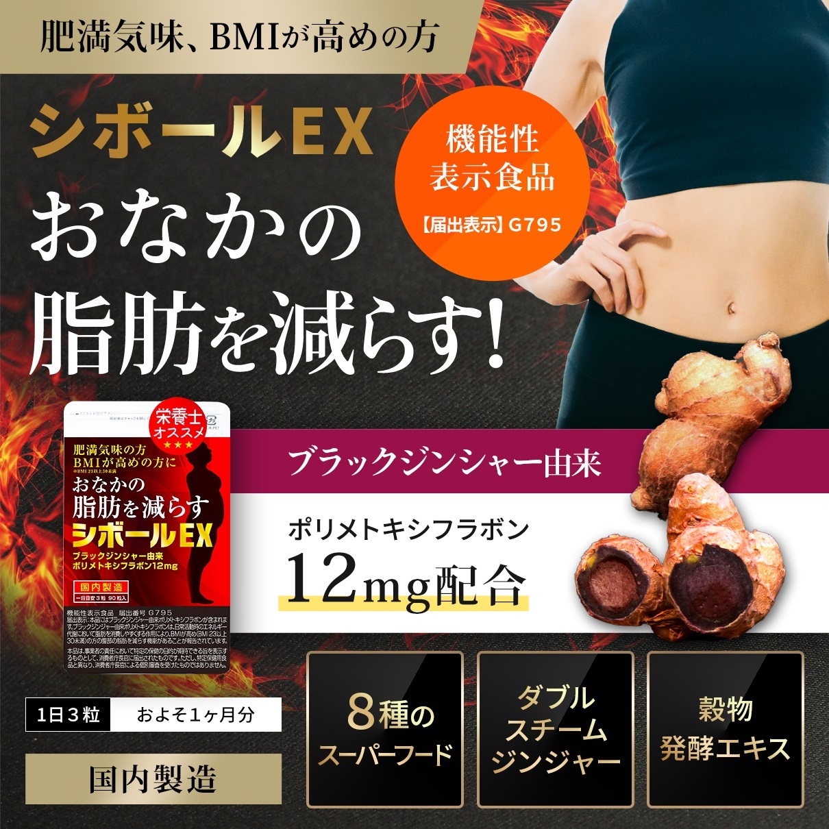 ダイエットサプリ ブラックジンジャー お腹の脂肪を減らす お腹まわり ウエスト 周囲の 内臓脂肪