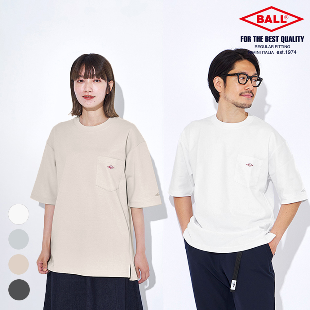 Tシャツ メンズ 半袖 ドライ 吸汗速乾 無地 ゆったり ユニセックス ワッペン ロゴ 刺繍 胸ポケット 大きめ 春 夏 スポーティ カジュアル 男女兼用 BALL 52563